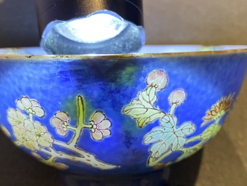 Four Chinese blue-ground bowls with floral designs, Yongzheng mark, Republic